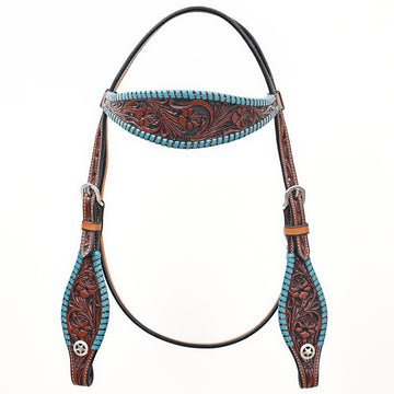 Bar H Equine Western Horse Genuine Leather Floral Design Buckstitch Headstall Brown
